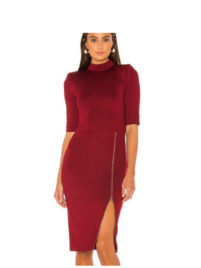 Nwt- Alice + Olivia Inka Dress Burgundy Mock Neck Midi Dress With Front Zip Slit